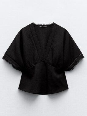 Zara Black Kimono Top with Lace Inserts
